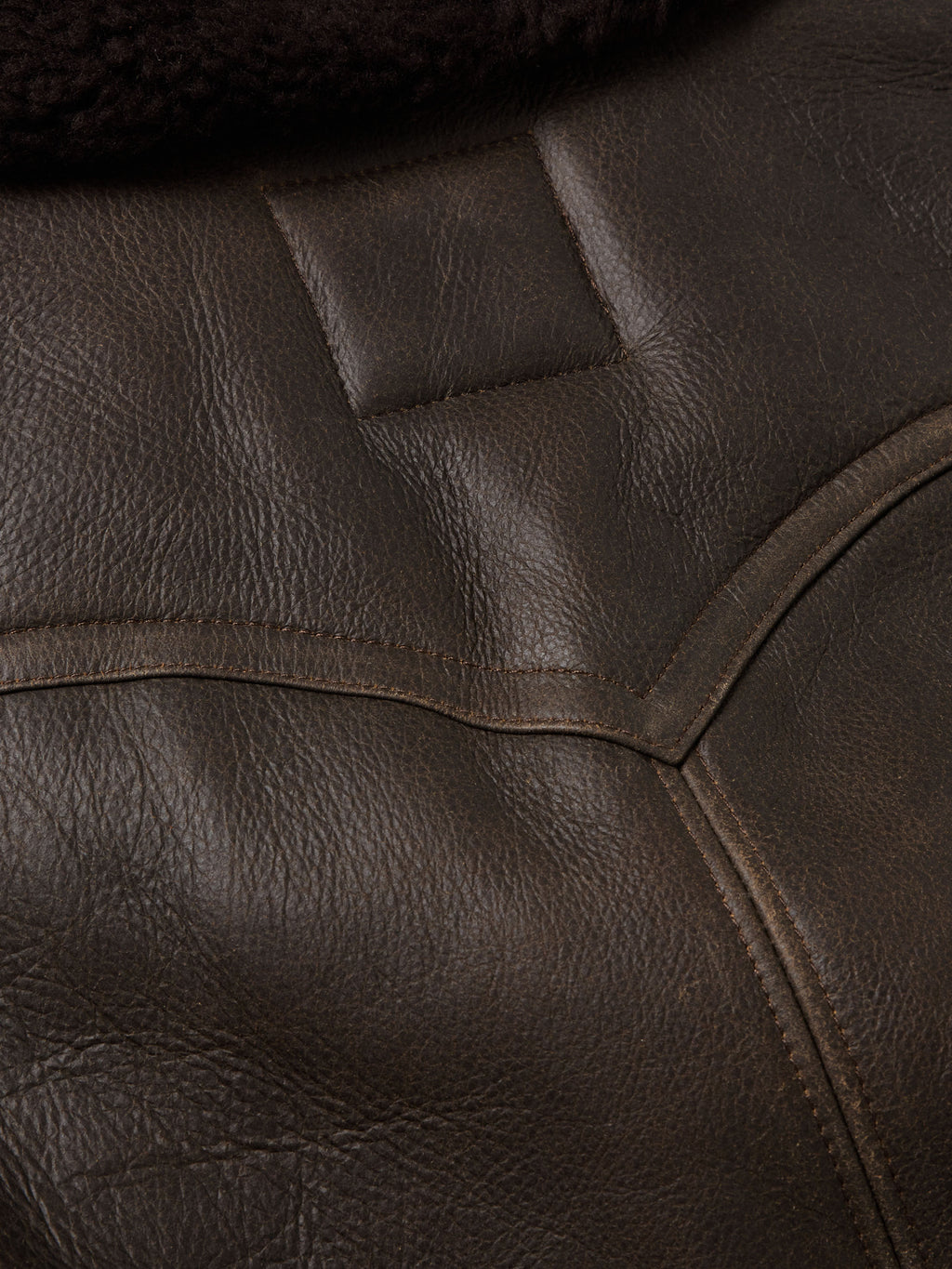 Dark shearling-lined leather coat panel seam and collar area detail