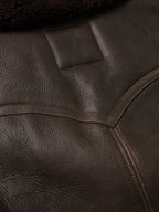 Dark shearling-lined leather coat panel seam and collar area detail