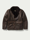 Dark brown shearling leather coat with button front and two chest pockets