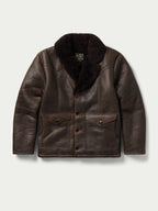 Dark brown shearling leather coat with button front and two chest pockets