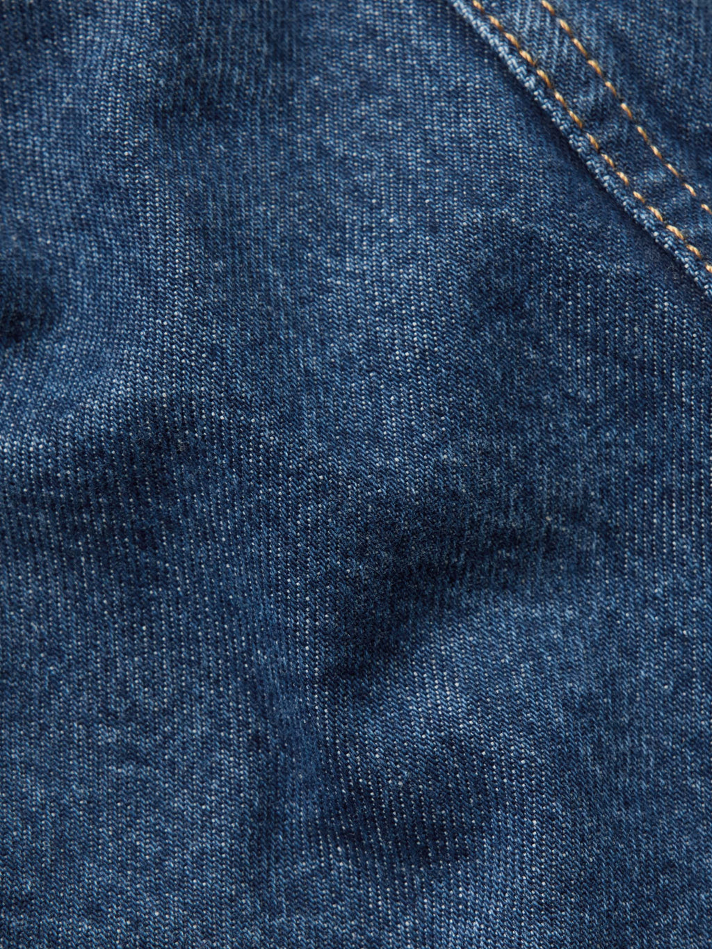 Blue denim jacket fabric detail with visible speckled texture