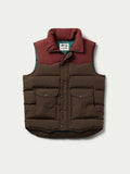 Bozeman down vest front view with maroon hooded collar and brown padded pockets