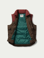 Bozeman down vest open to reveal teal lining and brown side panels