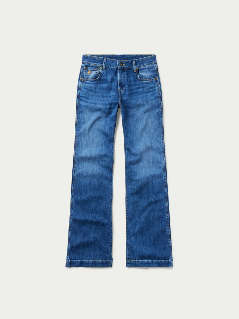 Medium-wash straight-leg jeans, flat front view with five pockets and belt loops.