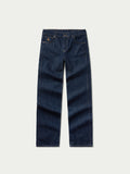 Dark denim jeans front view with button closure, belt loops, and straight legs