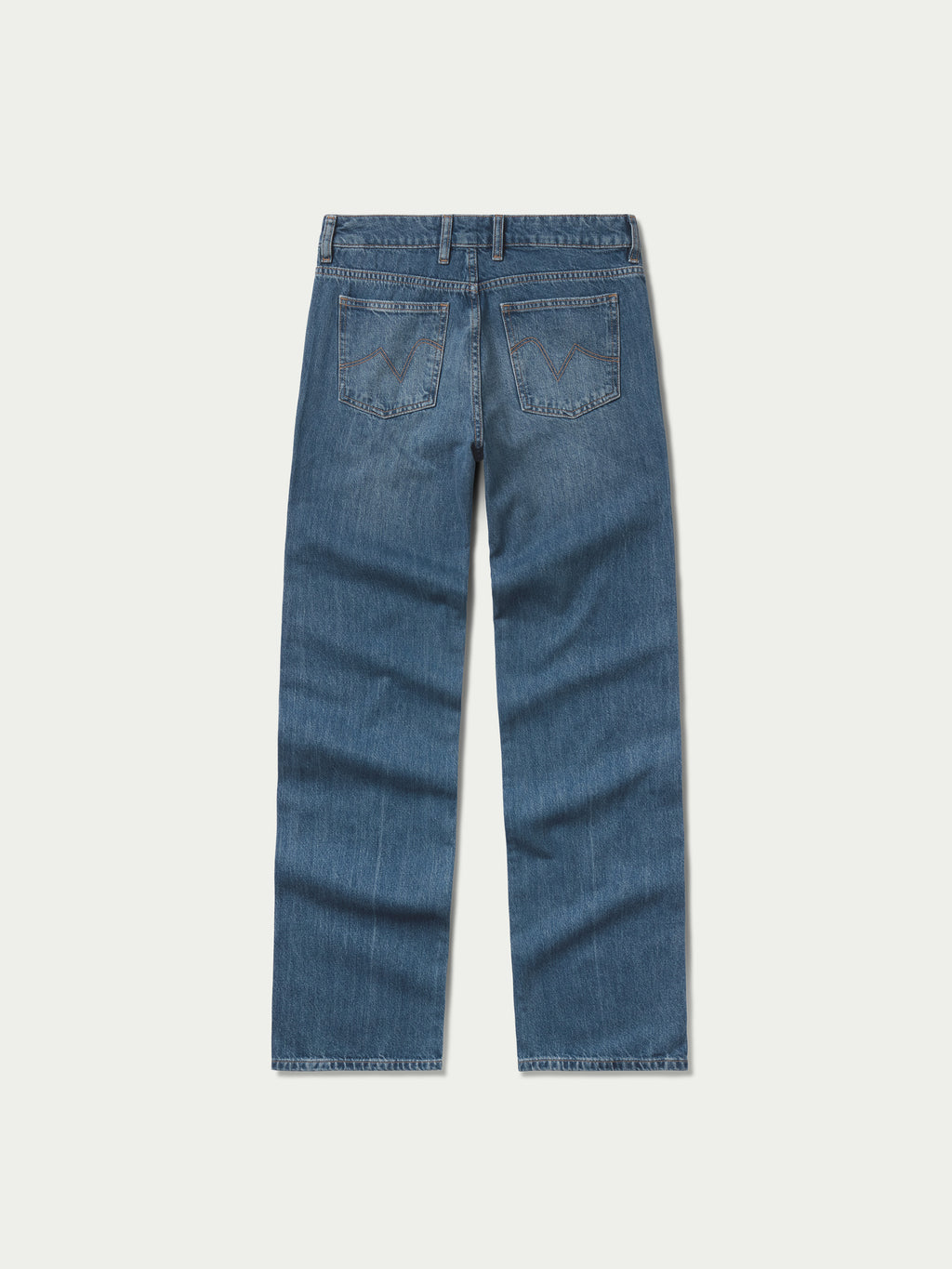 Medium-wash denim jeans back view with yoke and two rear button-flap pockets.
