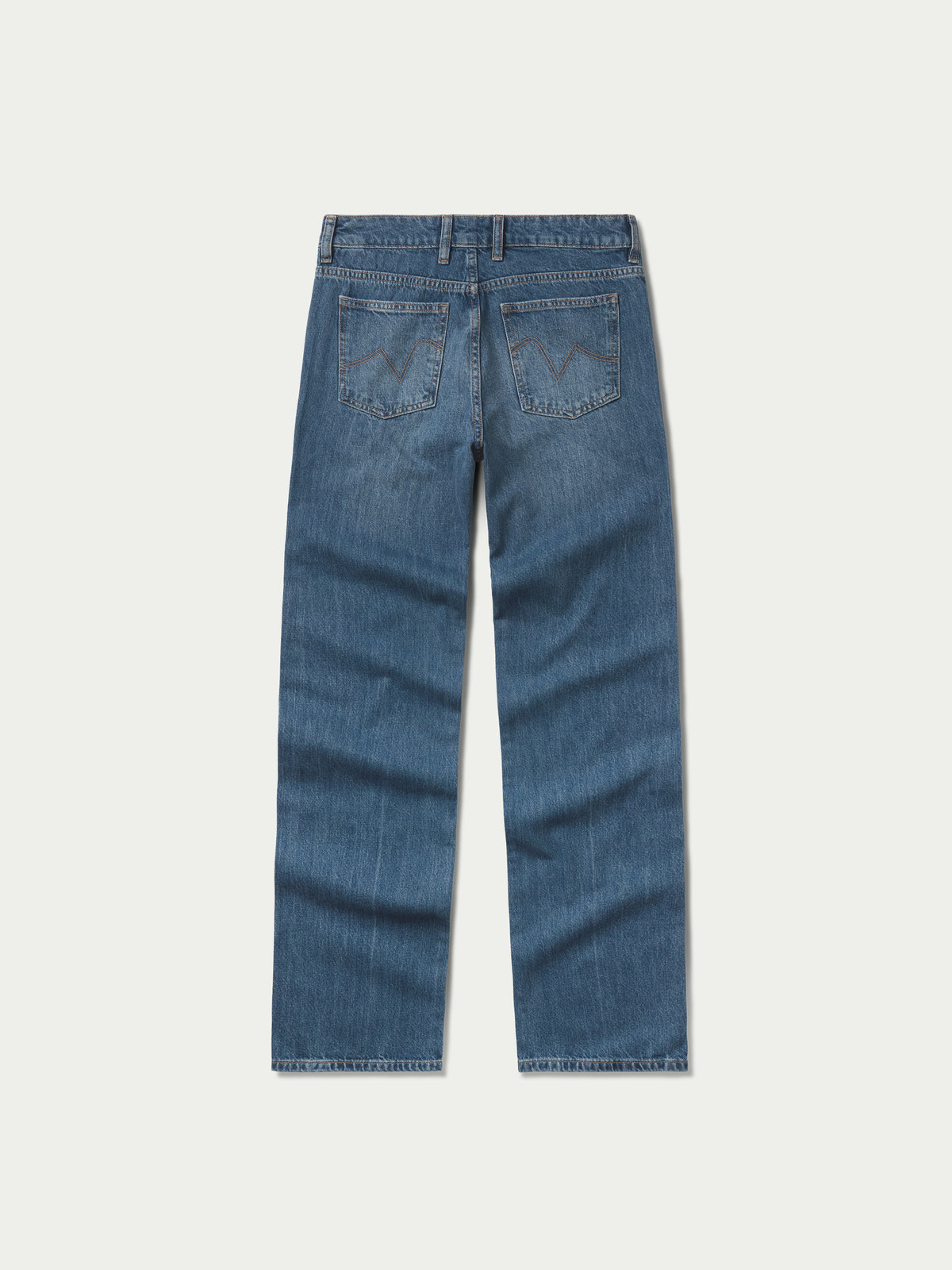 Medium-wash denim jeans back view with yoke and two rear button-flap pockets.