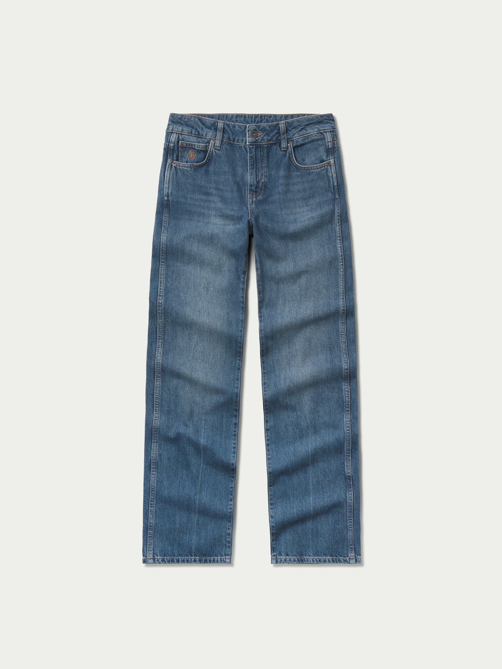 Medium-wash denim jeans with straight legs, button fly, and belt loops.