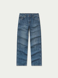 Medium-wash denim jeans with straight legs, button fly, and belt loops.
