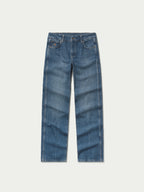 Medium-wash denim jeans with straight legs, button fly, and belt loops.