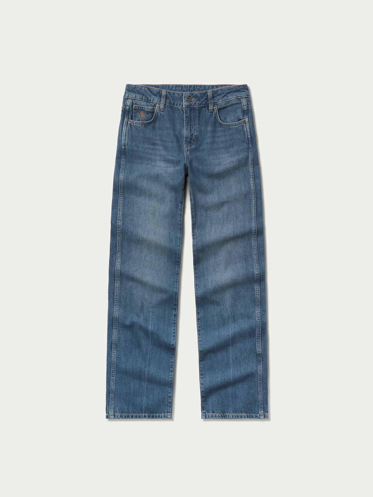 Medium-wash denim jeans with straight legs, button fly, and belt loops.