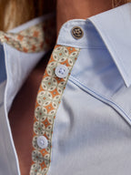 Light blue Reata button-up shirt collar with round neck button and patterned inner trim