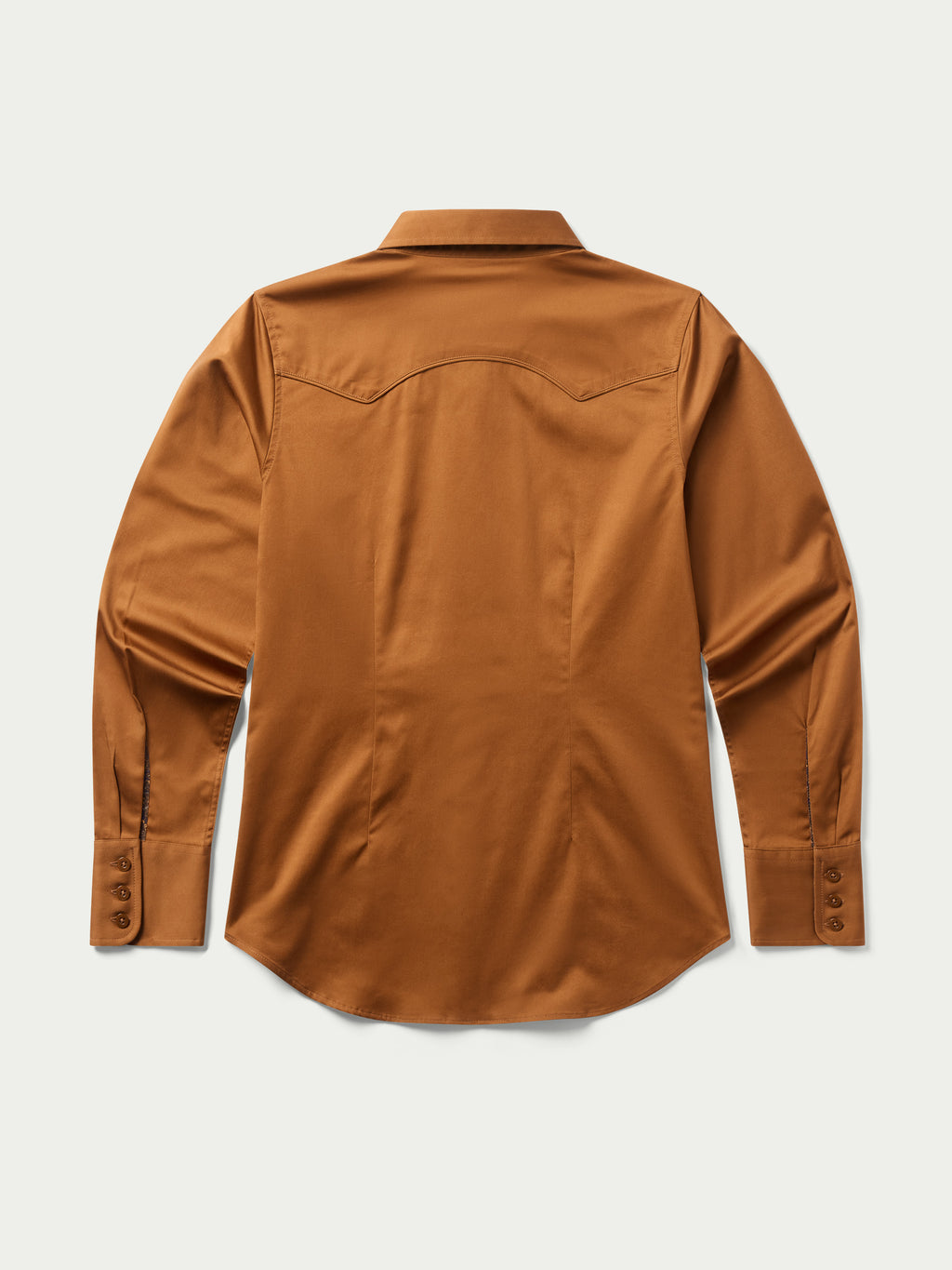 Women’s dark caramel button-up shirt, back view with yoke seam and long sleeves