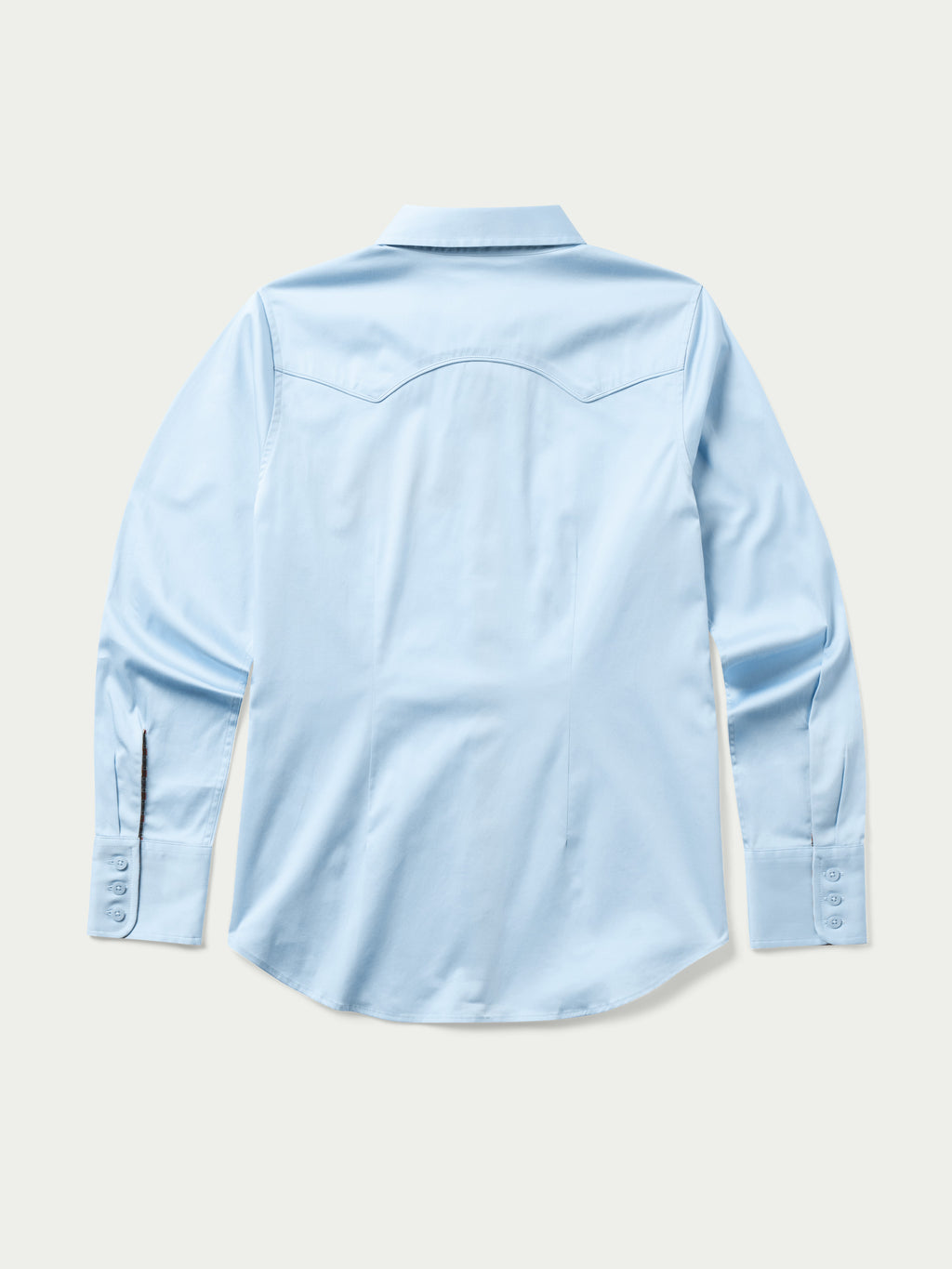 Light blue Reata button-up shirt, back view with curved yoke seam and long sleeves