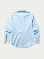 Light blue Reata button-up shirt, back view with curved yoke seam and long sleeves