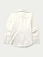 Women’s white button-up shirt with long sleeves, pointed collar, and button front