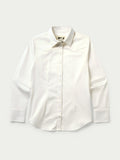 Women’s white button-up shirt with long sleeves, pointed collar, and center button closure