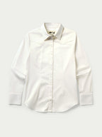 Women’s white button-up shirt with long sleeves, pointed collar, and center button closure