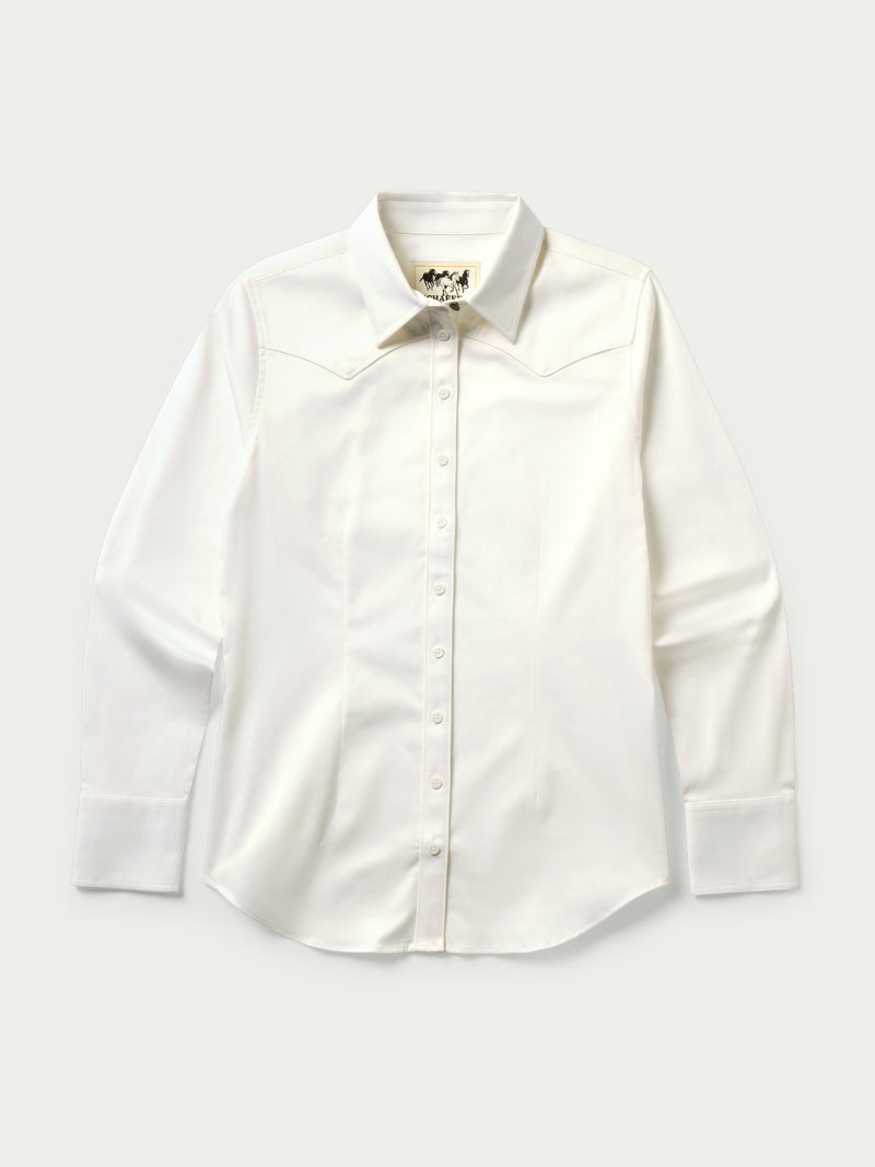 Women’s white button-up shirt with long sleeves, pointed collar, and center button closure