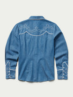 Women’s embroidered chambray shirt, back yoke with white vine stitching