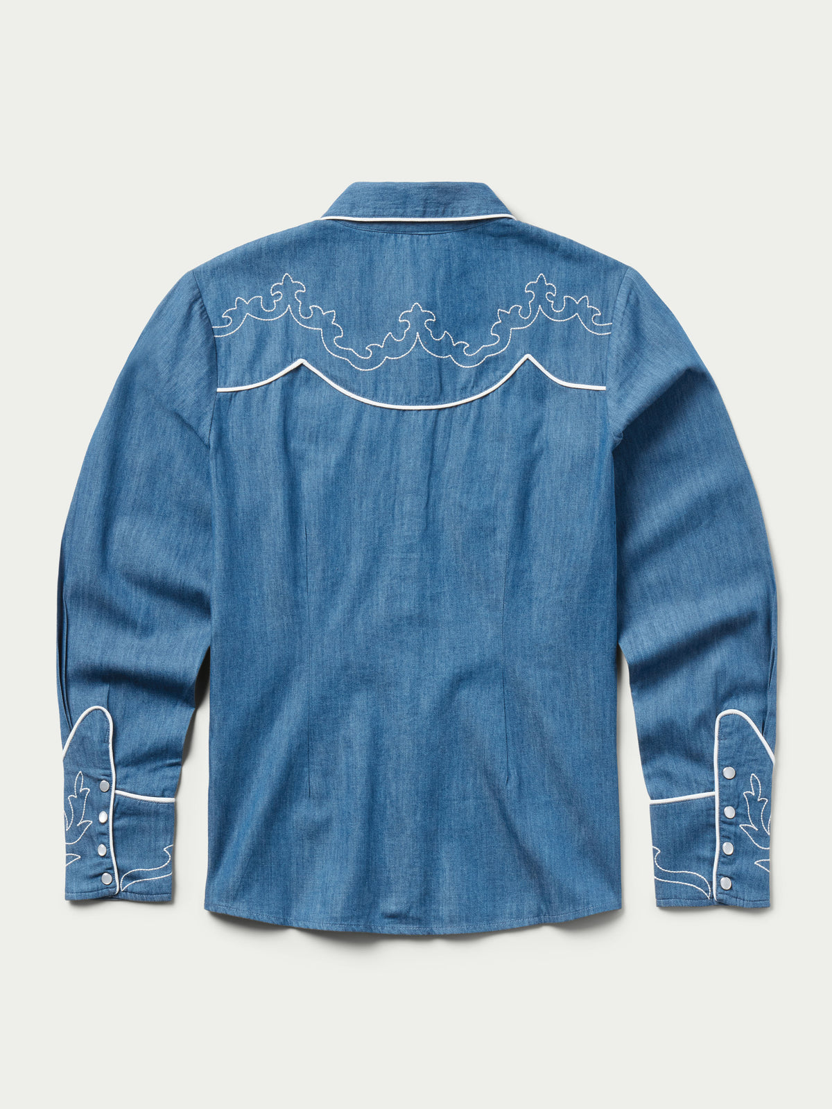 Women’s embroidered chambray shirt, back yoke with white vine stitching