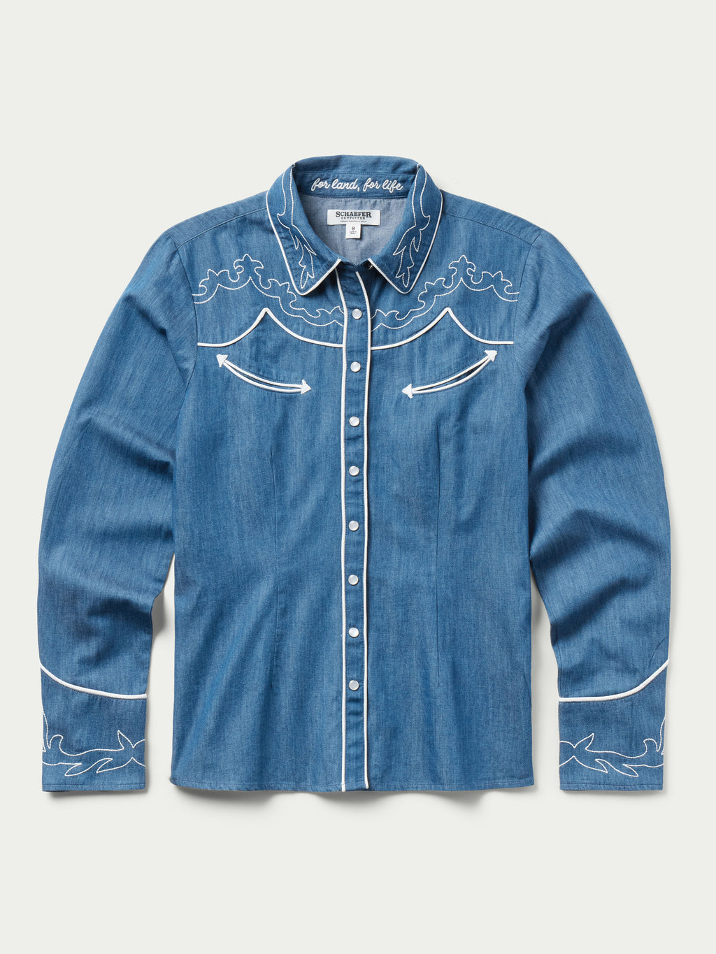Women’s embroidered chambray shirt with front button placket and white trim