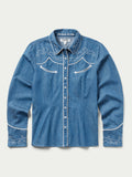 Women’s embroidered chambray shirt with front button placket and white trim