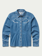 Women’s embroidered chambray shirt with front button placket and white trim