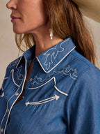 Close-up of embroidered chambray shirt collar and shoulder with white trim