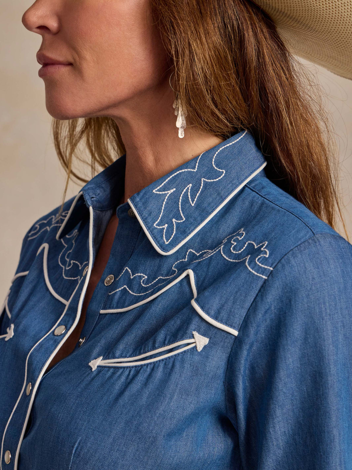 Close-up of embroidered chambray shirt collar and shoulder with white trim