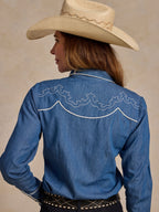 Chambray embroidered denim shirt back with curved yoke embroidery and contrast stitching