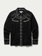 Women's embroidered Dale shirt front view with white yoke embroidery and snap buttons