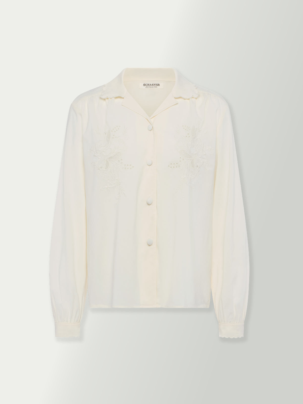 Vintage white button-up blouse with stand collar and embroidered chest panels