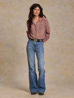 Washed plum button-front blouse with embroidered detail and long puff sleeves