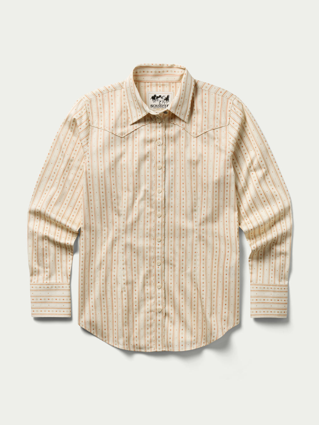 Women's printed button-up shirt with long sleeves and striped motif, front view