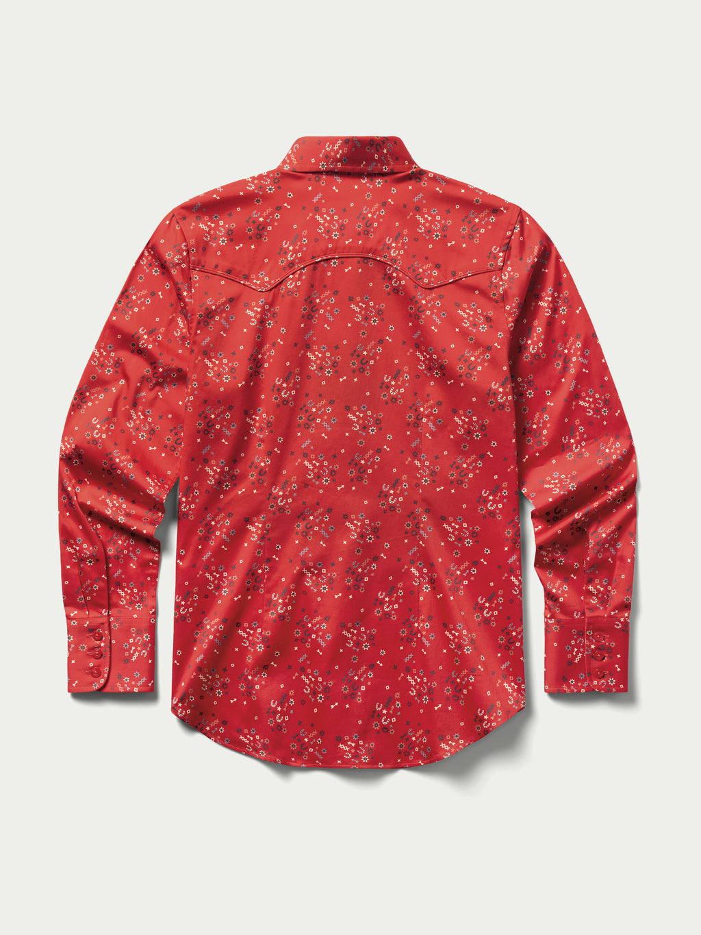 Red printed reata-style button-up shirt with long sleeves and pointed collar