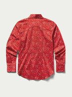 Red printed reata-style button-up shirt with long sleeves and pointed collar