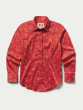Red printed reata-style button-up shirt with long sleeves and spread collar