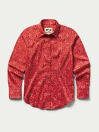 Red printed reata-style button-up shirt with long sleeves and spread collar