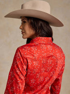 Red printed long-sleeve western shirt, back yoke view