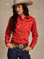 Red printed long-sleeve button-up shirt with pointed collar