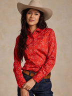 Red printed reata button-up shirt with long sleeves and pointed collar