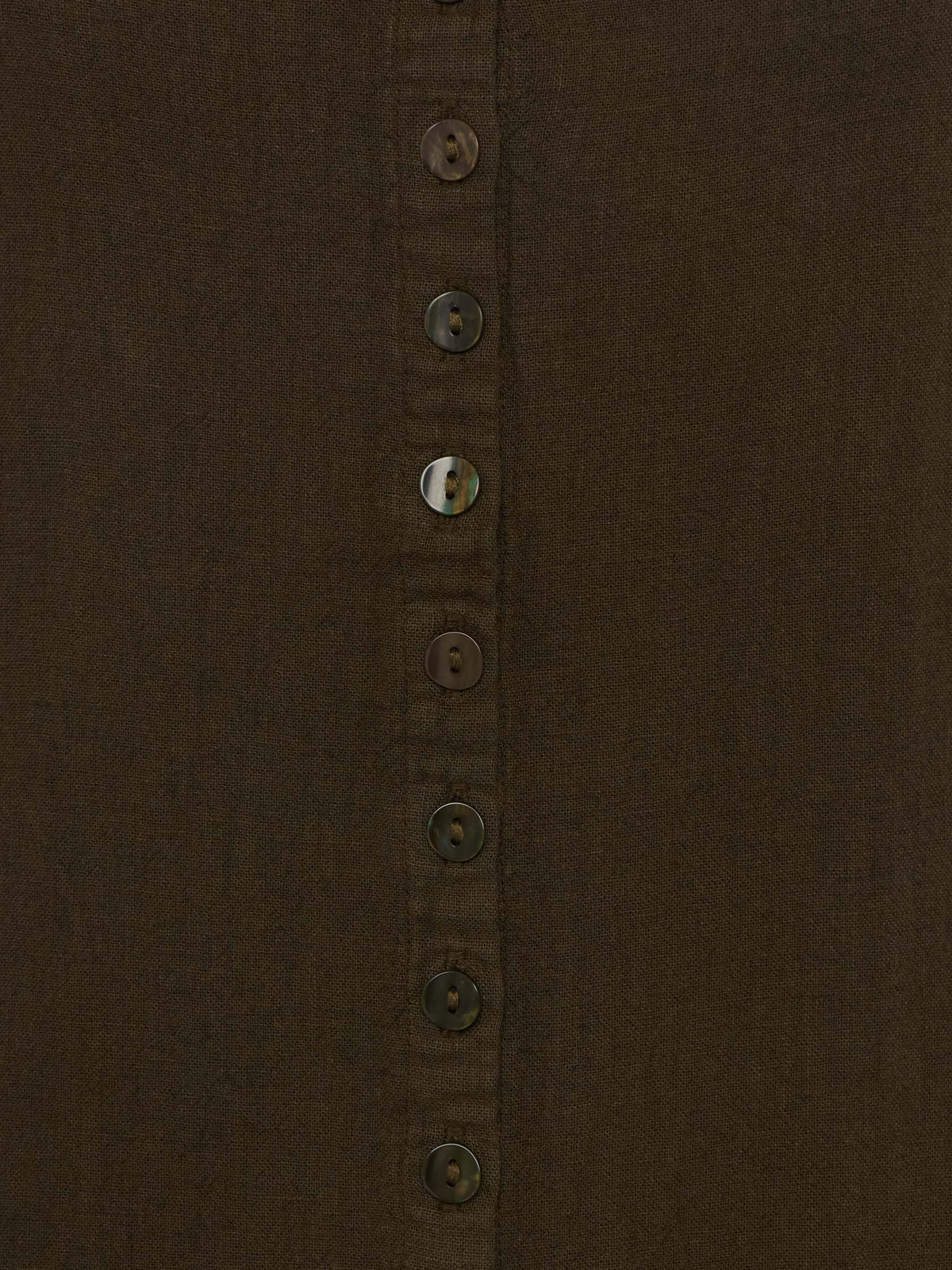 Olive button-front sleeveless dress with vertical button placket detail