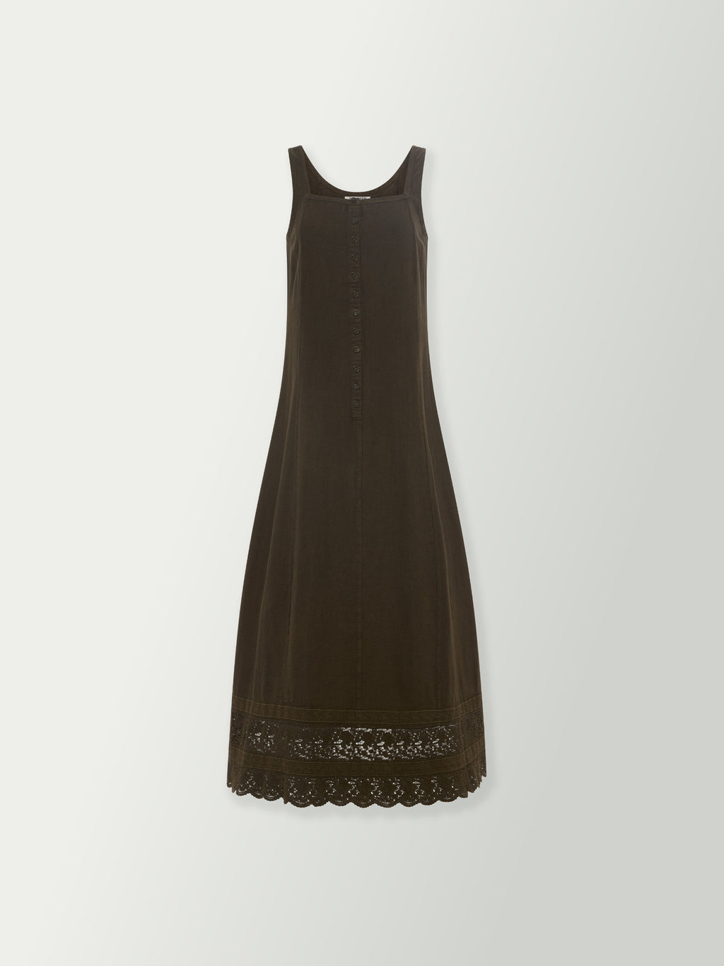 Olive sleeveless shift dress with lace-trimmed hem, angled view