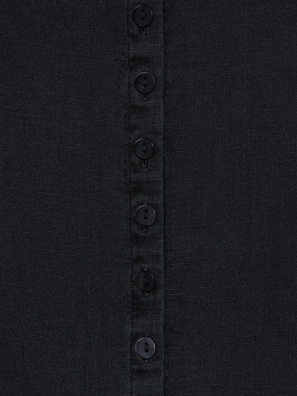 Washed black button-front dress placket close-up with round buttons