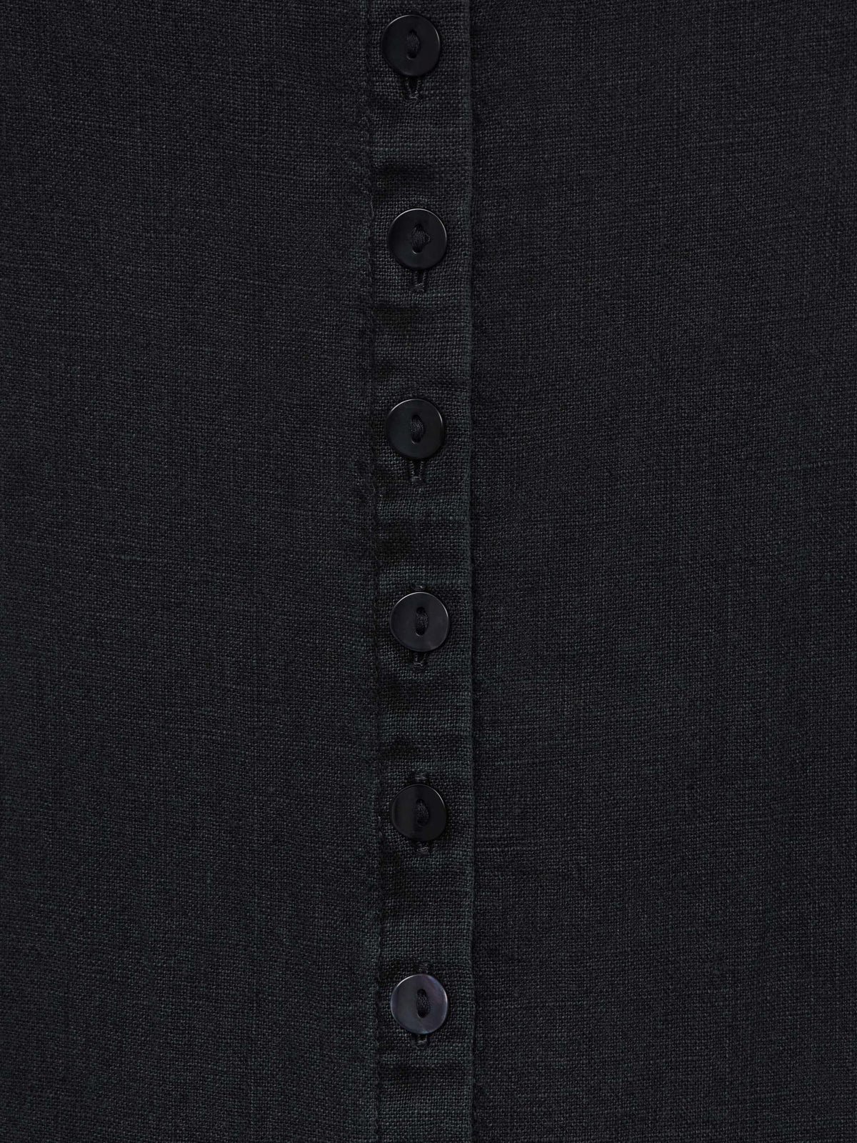 Washed black button-front dress placket close-up with round buttons
