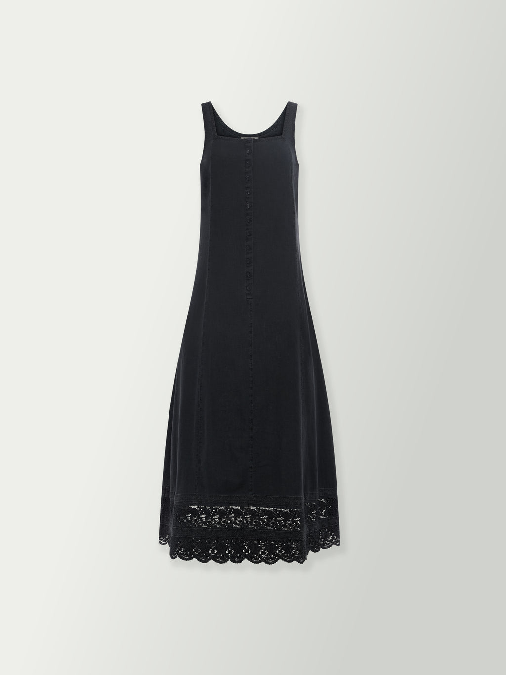 Washed black sleeveless maxi dress with button front and lace-trim hem
