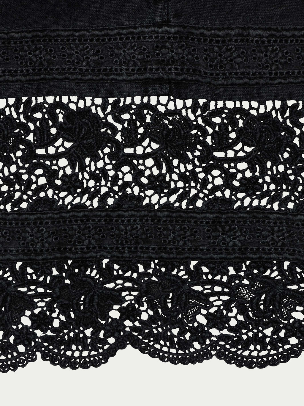 Washed black lace-trim hem with scalloped lace panel detail