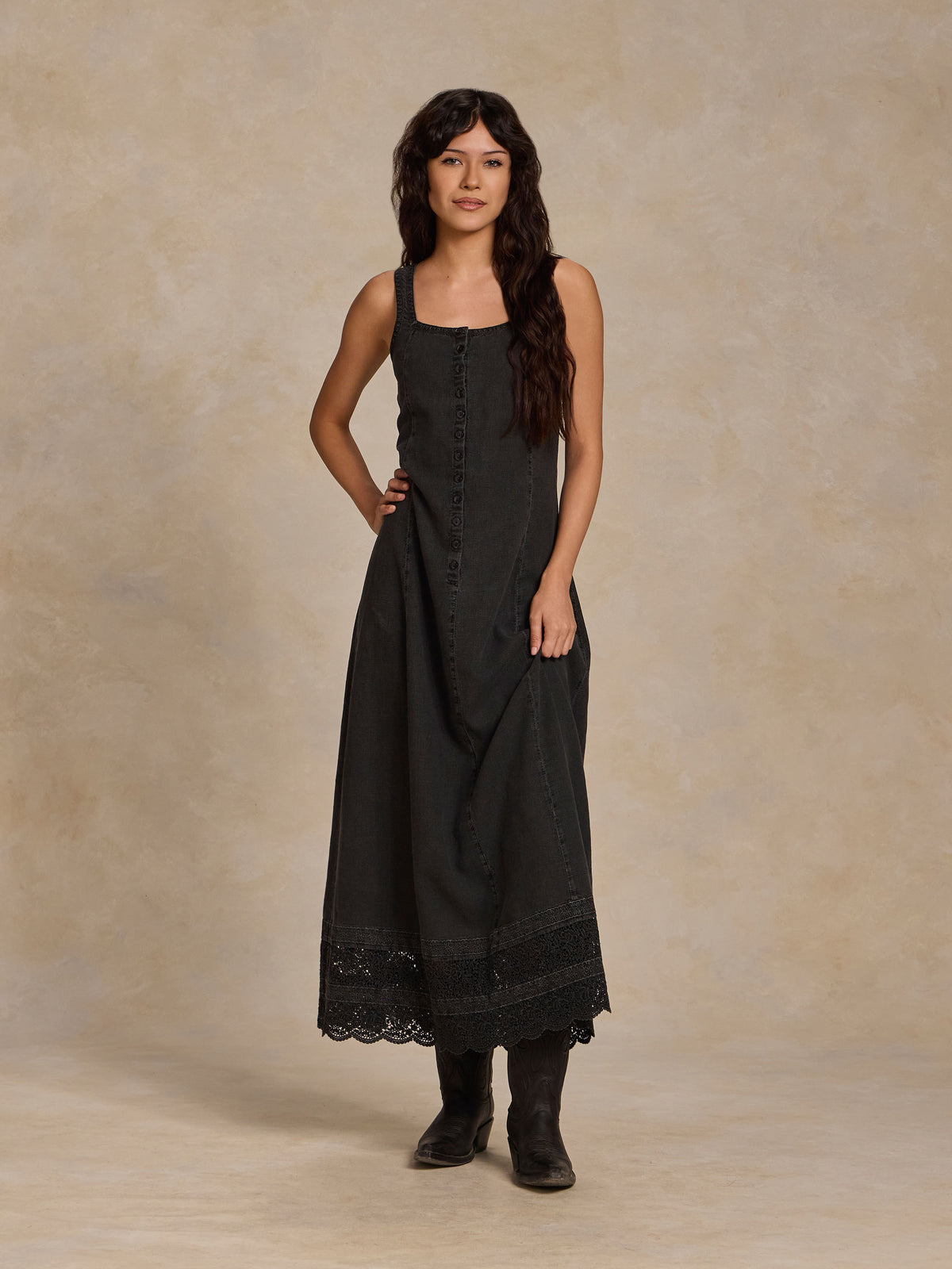 Washed black sleeveless button-front maxi dress with lace-trim hem, full view
