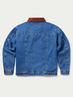 Medium indigo denim jacket with brown fleece-lined collar and button front